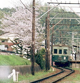 桜咲く大池遊園駅を出発する１２０１形